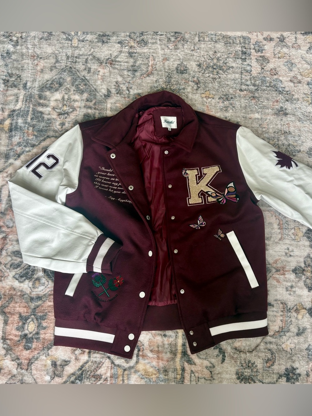 Kuwalla Embroidered Varsity Jacket with Butterfly Patch - Burgundy & White